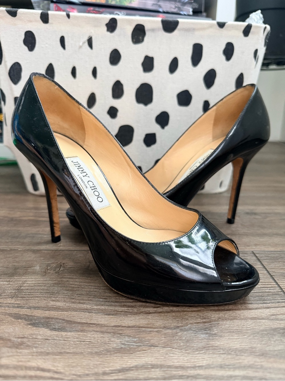 Jimmy Choo Black Patent Leather Peep-Toe Platform Stilettos